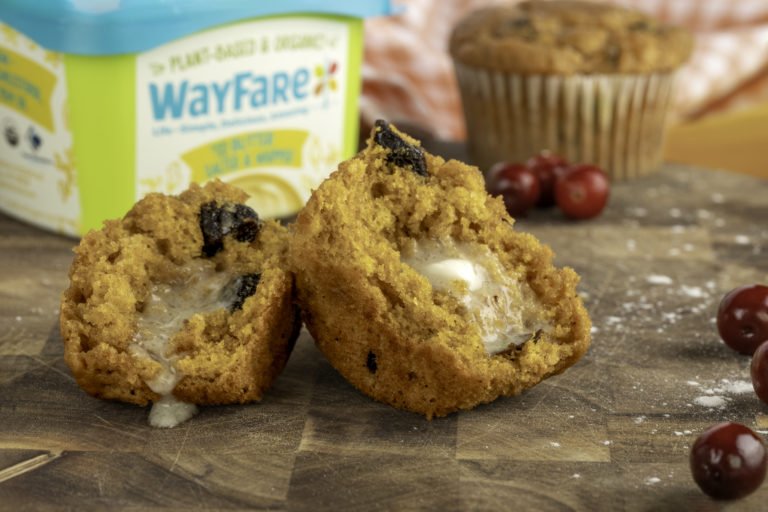 Pumpkin Cranberry Muffins cut in half and spread with WayFare dairy free butter.