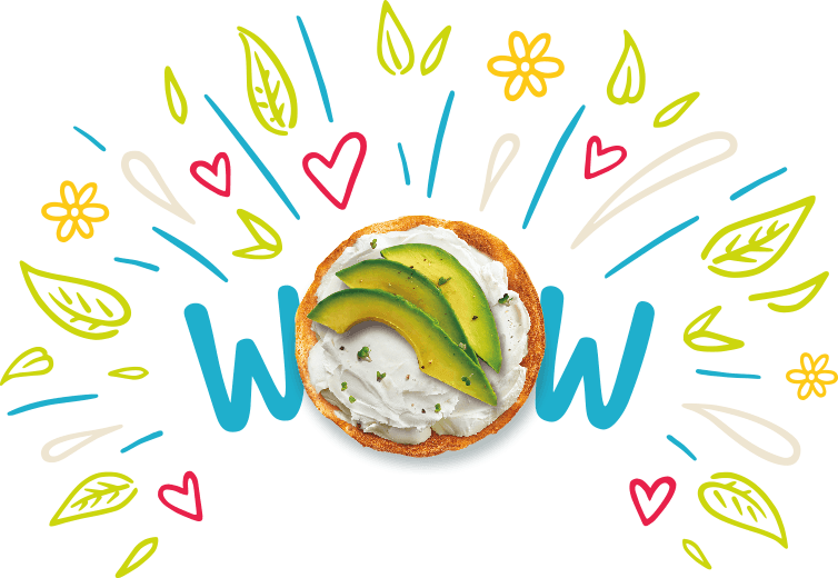 The word wow, the O in wow is a bagel topped with WayFare Dairy Free Original Cream Cheese and avocados.