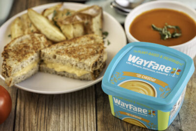 A grilled cheese sandwich on a plate on a dining table next to a WayFare Dairy Free Cheddar package.